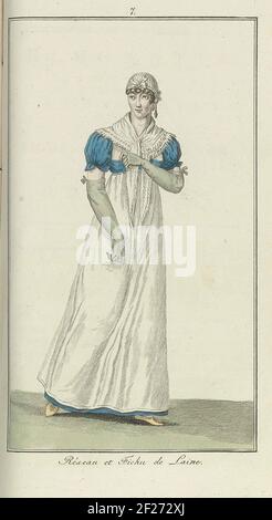 Elegantia, of tijdschrift van mode, luxe en smaak voor dames, Maart 1807, No. 7: Réseau et Fichu de Laine.According to the accompanying text (p. 96): Jap of dark blue satin; mousseline tablier; Hairnet and fichu of fine white wool. Print from the fashion magazine Elegantia, or magazine of fashion, luxury and taste for women 1807-1814 (interrupted by the period 1811-1813). Stock Photo