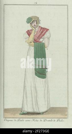 Elegantia, of tijdschrift van mode, luxe en smaak voor dames, Juni 1807, No. 14: Chapeau de Paille....According to the accompanying text (p. 200): Jap of mousseline. Straw hat garnished with straw. 'Fichu Turc'. Scarf, shoes and 'touffe' on the straw hat of green cashmere. Print from the fashion magazine Elegantia, or magazine of fashion, luxury and taste for women 1807-1814 (interrupted by the period 1811-1813). Stock Photo
