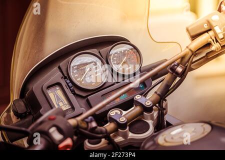 Classic motorbike control panel, close up picture, road trip concept Stock Photo
