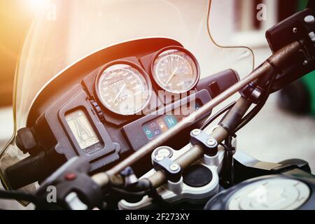 Classic motorbike control panel, close up picture, road trip concept Stock Photo