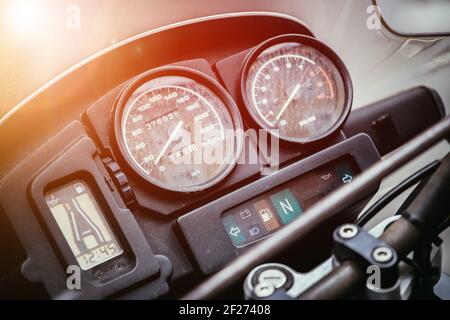 Classic motorbike control panel, close up picture, road trip concept Stock Photo