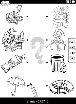 Black and white cartoon illustration of educational matching game for children with objects and characters characters coloring book page Stock Vector