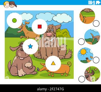 Cartoon illustration of educational match the pieces jigsaw puzzle game for children with dogs animal characters group Stock Vector
