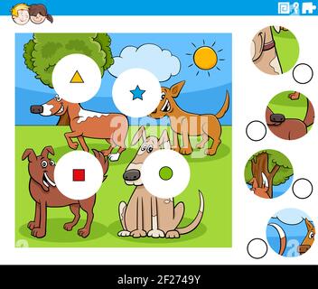 Cartoon illustration of educational match the pieces jigsaw puzzle task for children with dogs animal characters group Stock Vector