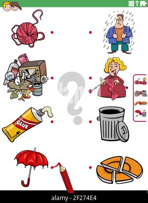 Cartoon illustration of educational matching game for children with objects and characters Stock Vector