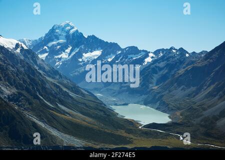 View of Aoraki / Mt Cook and Hooker Valley, from track to Sealy Tarns and Mueller Hut, Aoraki / Mount Cook National Park, South Island, New Zealand Stock Photo