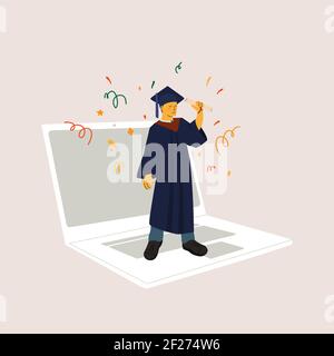 Graduate online 2021. A guy in graduate clothes, virtually or in quarantine, receives a diploma. Online congratulations on the graduation of students. Stock Vector