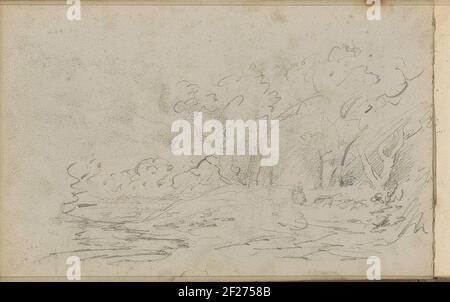 Figure on a forest path along a beek.Leaf 45 verso from a sketchbook with 47 sheets. Stock Photo