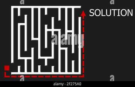 A 3d rendering of an arrow going to the word 'solution' outside the maze on a black background Stock Photo