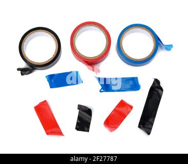 Multicolored rubber insulating tape, pieces and roll isolated on white background Stock Photo