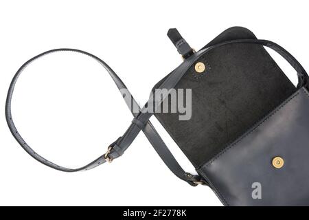 Black leather bag with long shoulder strap, accessory isolated on white background, Stock Photo