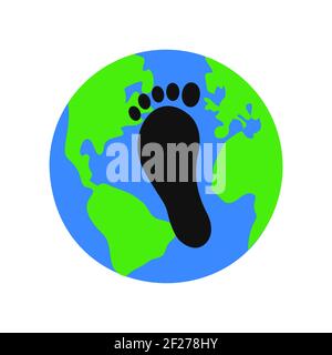 Earth planet and black carbon footprint on it. Environmental pollution symbol. Reducing emissions of carbon dioxide concept. Vector flat illustration. Stock Vector