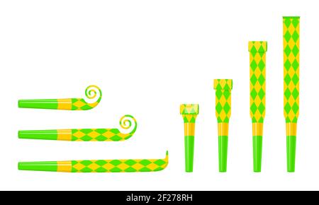 Rolled and unrolled party blowers, horns, noise makers. Green and yellow sound whistles with rhombus pattern isolated on white background. Side and top view. Vector cartoon illustration. Stock Vector