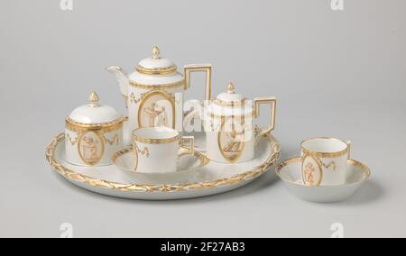 Negendelig koffie- en theeservies, beschilderd met vrouwen of putti in ovalen tegen rood fond.Coffee and tea set consisting of a round blade (A), a coffee pot (B), a teapot (C), a milk jug (D), a sugar bowl (E) and two heads (F-1 and F-2) and two Dishes (G-1 and G-2), painted multi-colored with ovals in which women's figures or putti in brown on a soil against a red fond. Along the edges a golden flower and leaf drink. Flammed f of 1, 2, 3 and 10 separated by a lying indent in underglazing blue. Stock Photo