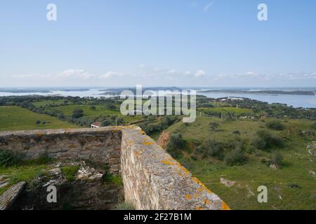 Lake water reservoir of Alqueva Dam landscape from Mourao castle in Alentejo, Portugal Stock Photo