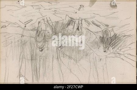 Lumberjacks at a chopped tree in a forest.Leaf 22 verso from a sketchbook with 41 sheets. Stock Photo