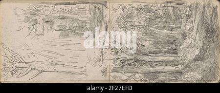 Twee bosgezichten.Two forest faces. Leaf 16 Verso and Leaf 17 Recto from a sketchbook with 33 sheets. Stock Photo