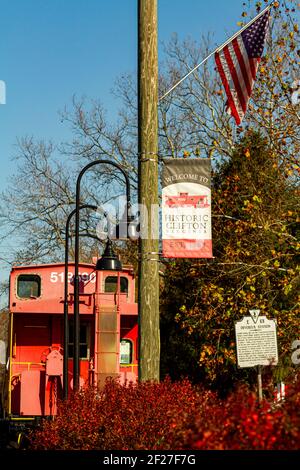 Clifton, VA, USA 11/14/2020: Historic Clifton is a small  picturesque town, home to Devereux Station on the Norfolk and Western train route with a vin Stock Photo