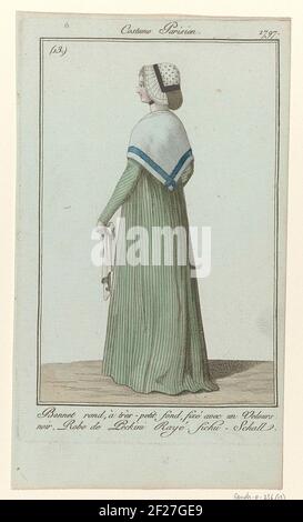 Newspaper of Ladies and Modes, Paris Costume, December 3, 1797, (13): Round Bonnet, Tres-Small Background (...).Round hat with very small globe, fastened with a black velvet band. Jap of striped 'peckini'. 'FICHU - SCHALL' to the shoulders. Handkerchief. The print is part of the fashion magazine Journal des Laden et des Modes, published by Sellèque, Paris, 1797-1839. Stock Photo