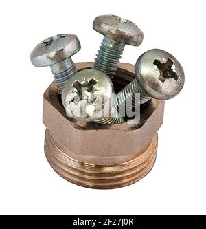 Four screws in big nut on a white background Stock Photo