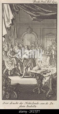 Transfer of the Spanish Netherlands by Philip II to Isabella Clara Eugenia, Infante of Spain, 10 September 1597. Interior with Isabella Clara Eugenia, Infante of Spain and Philip II on its throne, a man bends in front of him and kisses his hand. Stock Photo