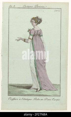 Ladies' newspaper and modes, Paris Costume, April 5, 1800, An 8, (205): Coetefure to Antiqu (...). 'Hairstyle with ancient'. 'Dress and Half Turkish'. Accessories: Diadem with Oval Medallions, Bracelets, Flower Corsage, Flat Shoes with tip nes. The Print Is Part Of The Fashion Magazine Laden Journal and Moldes, Published By Pierre de la Mesanger, Paris, 1797-1839. Stock Photo