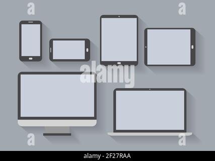 Electronic devices with blank screens. Smartphones, tablets, computer monitor, netbook. Vector eps10 illustration Stock Vector