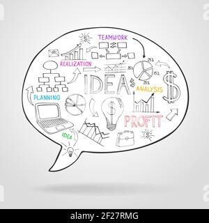 Business strategy and planning in a speech bubble with icons depicting flow charts  analysis  light bulb  ideas  teamwork and profit  vector illustrat Stock Vector