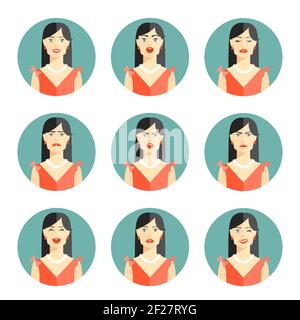 Set of nine different women emotions depicting happiness  joy  sadness  worry  anger  frustration  disbelief and confusion in head and shoulder pose i Stock Vector