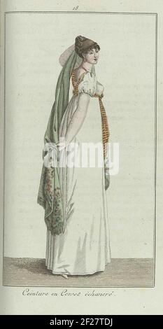 Elegantia, of tijdschrift van mode, luxe en smaak voor dames, Augustus 1807, No. 18: Ceinture en Conset échaneré.According to the accompanying text (p. 264): Jap of mousseline. 'Ceinture corset'. Necklace and earrings 'and corail'. Cashmere scarf with embroidery in the corners. Print from the fashion magazine Elegantia, or magazine of fashion, luxury and taste for women 1807-1814 (interrupted by the period 1811-1813). Stock Photo