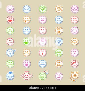Large collection of round smiley icons or emoticons showing a wide variety of different expressions in thirty-five different vector designs Stock Vector