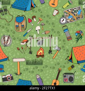 Seamless camping background vector pattern with tents  a campfire  radio  mushrooms  backpack  binoculars  map and guitar scattered on a green grass b Stock Vector
