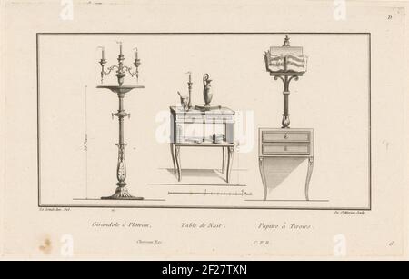 Girandole, bedside table and music stand; Girandole à Plateau, Table De Nuit, Pupitre à Tiroirs; D Quatriema Cahier De Meubles et d'Ébénisteries, Dessin's Par La Londe.links a thin-armed Girandole on a high standard. In the middle a bedside table with two drawers and a shelf, with a can, candlestick, books and a bowl. On the right a music stand on a drawer cabinet with two drawers. Stock Photo