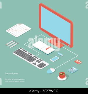 Vector workplace in flat style showing an office desk with a desktop computer  wired keyboard and mouse  calculator   coffee  bank card and pens with Stock Vector