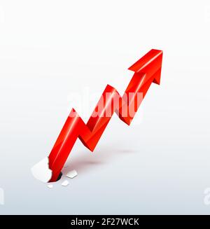 Vector 3d rising red arrow breaks through surface, concept of irrepressible growth Stock Vector