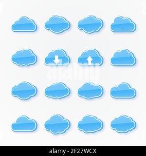Set of sixteen blue cloud icons of different shapes depicting the weather with two having arrows showing upward and downward transmission of data in c Stock Vector