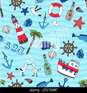 Nautical themed vector seamless pattern in retro style with a lighthouse  anchor  fish  ships wheel  palm tree  starfish  boat  seagulls  life ring  m Stock Vector