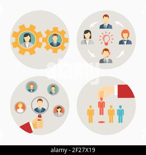 Set of vector business people and staff icons in circles depicting a set of gears for teamwork  a brainstorming group  leadership of a group or team Stock Vector