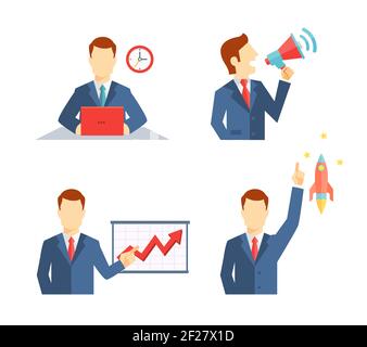 Set of businessman icons depicting a man working at his desk to a deadline  public speaking on a megaphone  doing a presentation and his career taking Stock Vector