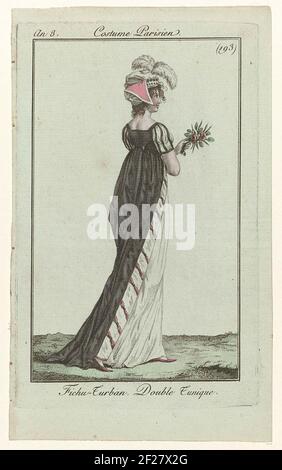 Newspaper of Ladies and Modes, Paris Costume, February 9, 1800, An 8 (193): Fichu-Turban (...). 'Fichu-Turban', Decorated with Ostriching. Lined Tunic with Trail we dress. Flat Shoes with tip nous. The Print Is Part Of The Fashion Magazine Laden Journal and Moldes, Published By Pierre de la Mesanger, Paris, 1797-1839. Stock Photo