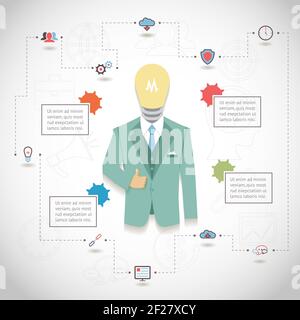 Vector SEO Infographic with man in suit with light bulb head and text blocks Stock Vector