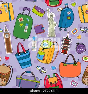 Vacation or travel background seamless pattern vector with a variety of suitcases  backpacks and luggage  tourist landmarks including Big Ben  Statue Stock Vector