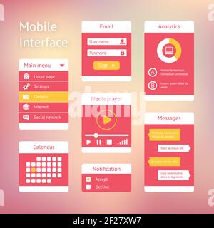 Interface elements for mobile applications. Panel lists player calendar and chat Stock Vector