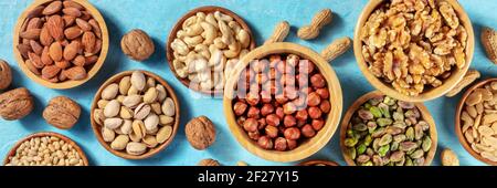 Nuts assortment panorama with many different nuts Stock Photo