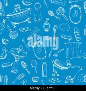 Bathroom Themed Design on Blue Background with toothpaste  bathtub  towel artwork and more. Stock Vector