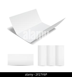 Blank white brochure or flyer template with a trifold sheet of paper in the open  closed and partially open format on a white background for your mark Stock Vector