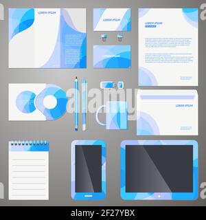 Stylish company brand design template with a modern blue pattern mocked up on a mobile phone and tablet  office supplies and stationery for continuity Stock Vector