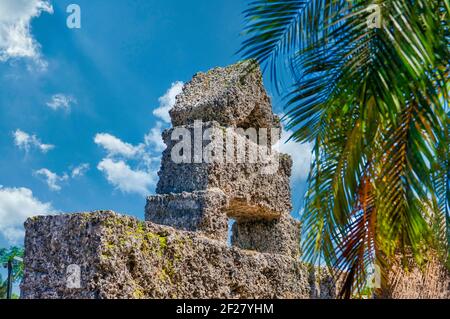 The stone carved north wall of the mysterious Coral Castle located south of Miami, Florida. Stock Photo