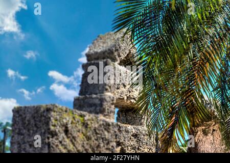 The stone carved north wall of the mysterious Coral Castle located south of Miami, Florida. Stock Photo