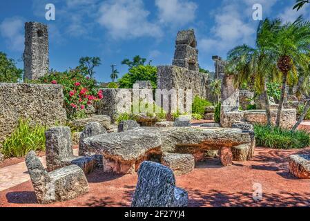 A stone carved table in the shape of Florida by the north wall of the mysterious Coral Castle located south of Miami, Florida. Stock Photo